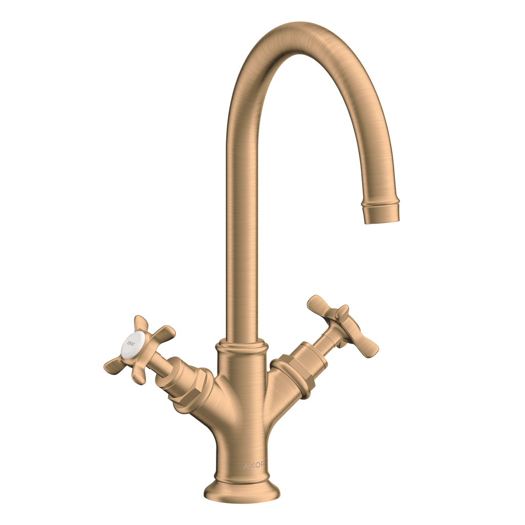 AXOR Montreux 2-Handle Basin Mixer Faucet 210 with Cross Handles, Swivel Spout and Pop-Up Waste Set from Brandt in Brushed Bronze finish