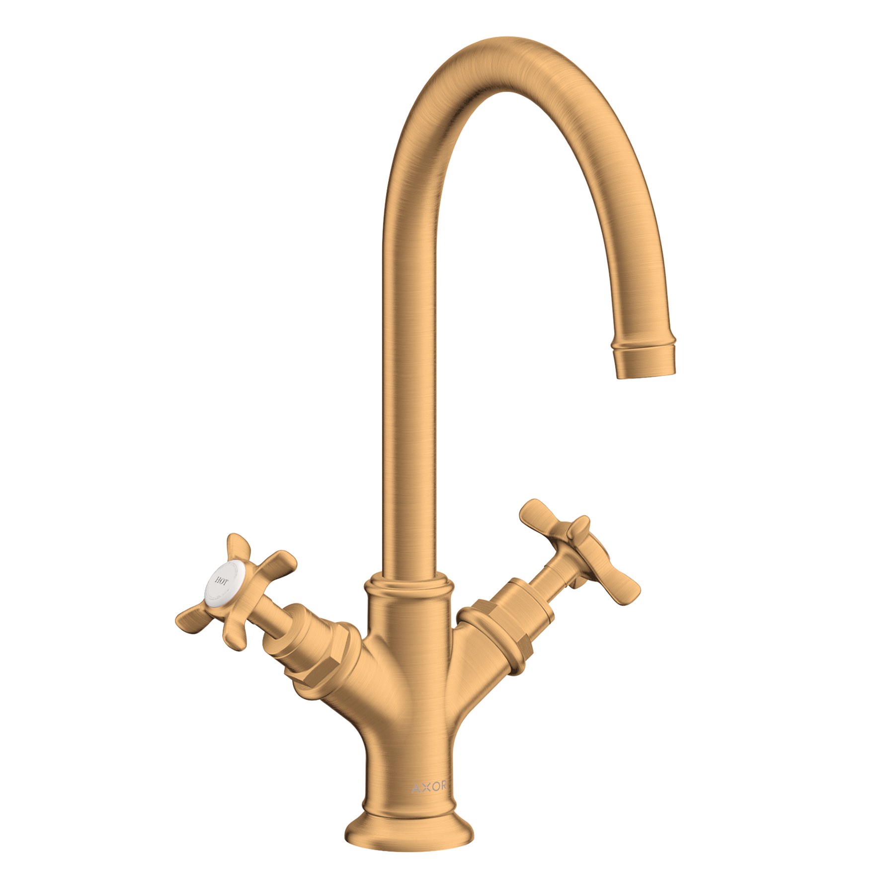 AXOR Montreux 2-Handle Basin Mixer Faucet 210 with Cross Handles, Swivel Spout and Pop-Up Waste Set from Brandt in Brushed Gold Optic finish