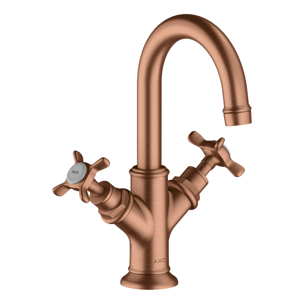 AXOR Montreux 2-Handle Basin Mixer Faucet 160 with Cross Handles, Swivel Spout and Pop-Up Waste Set from Brandt in Brushed Red Gold finish