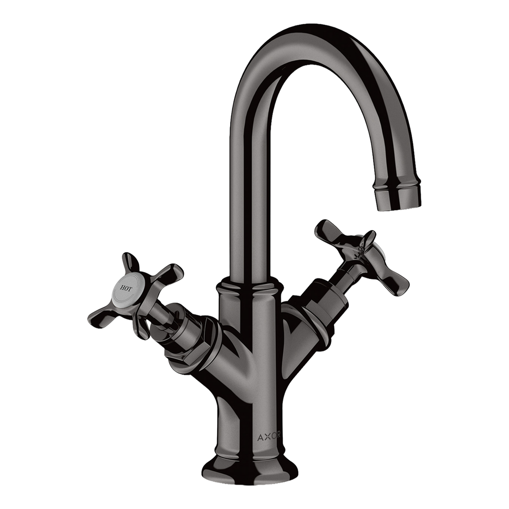 AXOR Montreux 2-Handle Basin Mixer Faucet 160 with Cross Handles, Swivel Spout and Pop-Up Waste Set from Brandt in Polished Black Chrome finish
