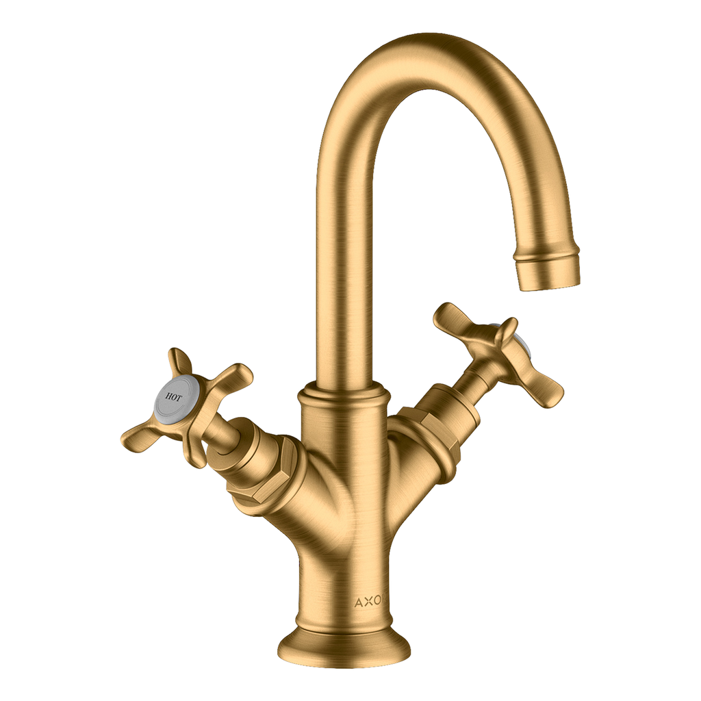 AXOR Montreux 2-Handle Basin Mixer Faucet 160 with Cross Handles, Swivel Spout and Pop-Up Waste Set from Brandt in Brushed Brass finish