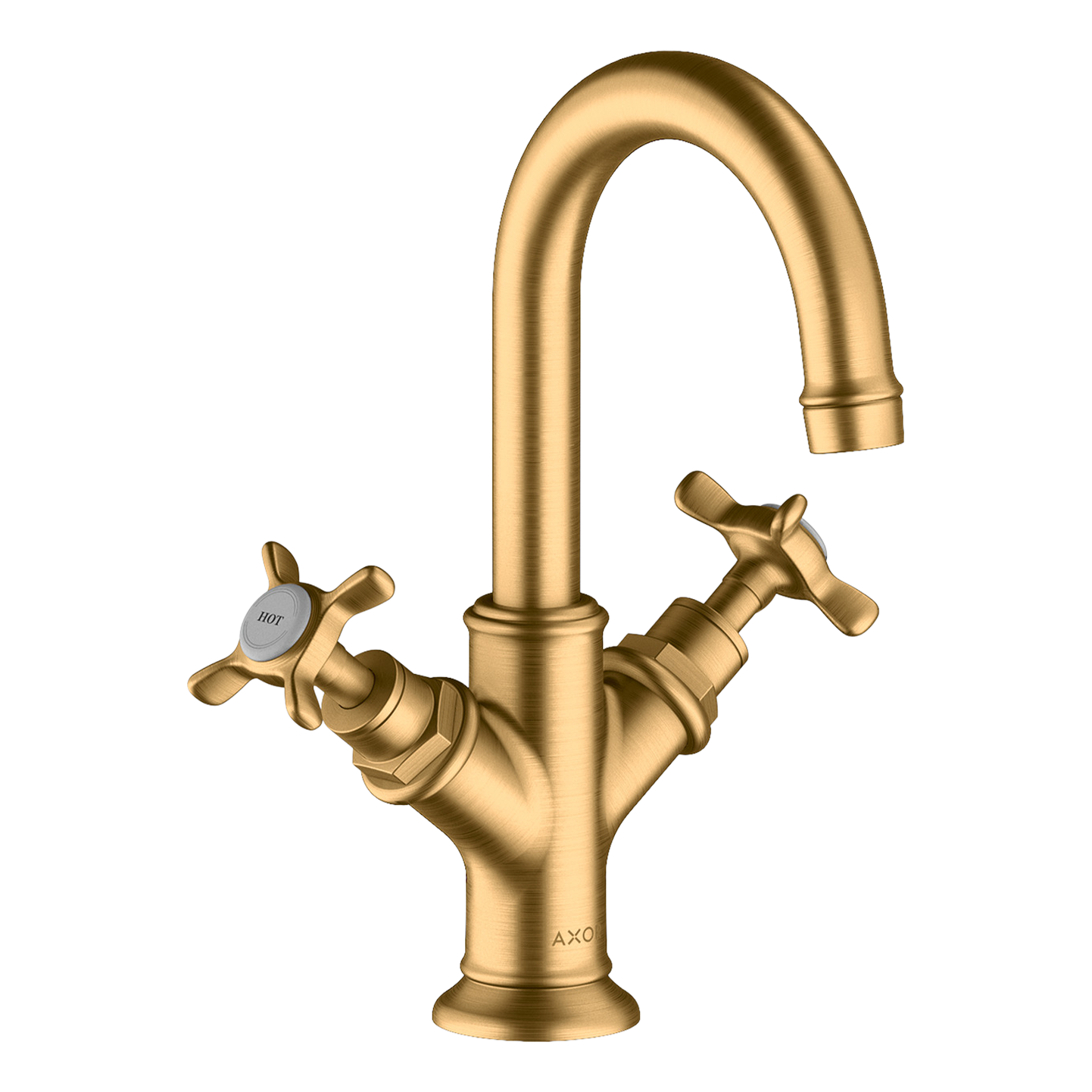 AXOR Montreux 2-Handle Basin Mixer Faucet 160 with Cross Handles, Swivel Spout and Pop-Up Waste Set from Brandt in Brushed Brass finish