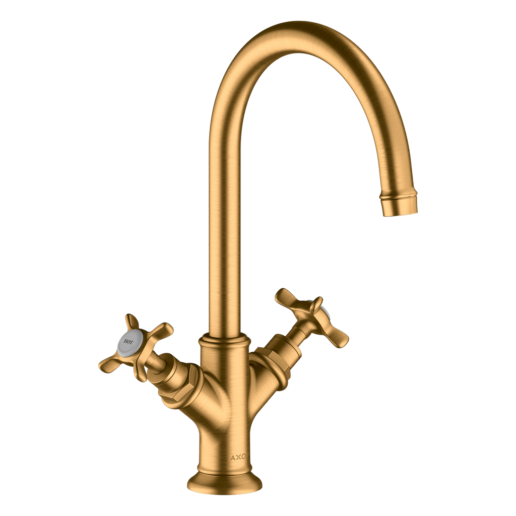 AXOR Montreux 2-Handle Basin Mixer Faucet 210 with Cross Handles, Swivel Spout and Open Waste Set from Brandt in Brushed Gold Optic finish