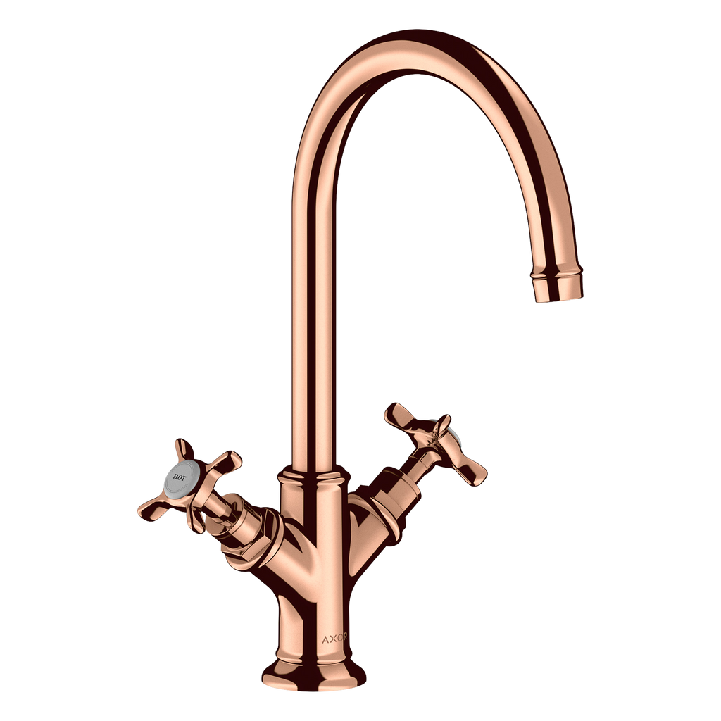 AXOR Montreux 2-Handle Basin Mixer Faucet 210 with Cross Handles, Swivel Spout and Open Waste Set from Brandt in Polished Red Gold finish