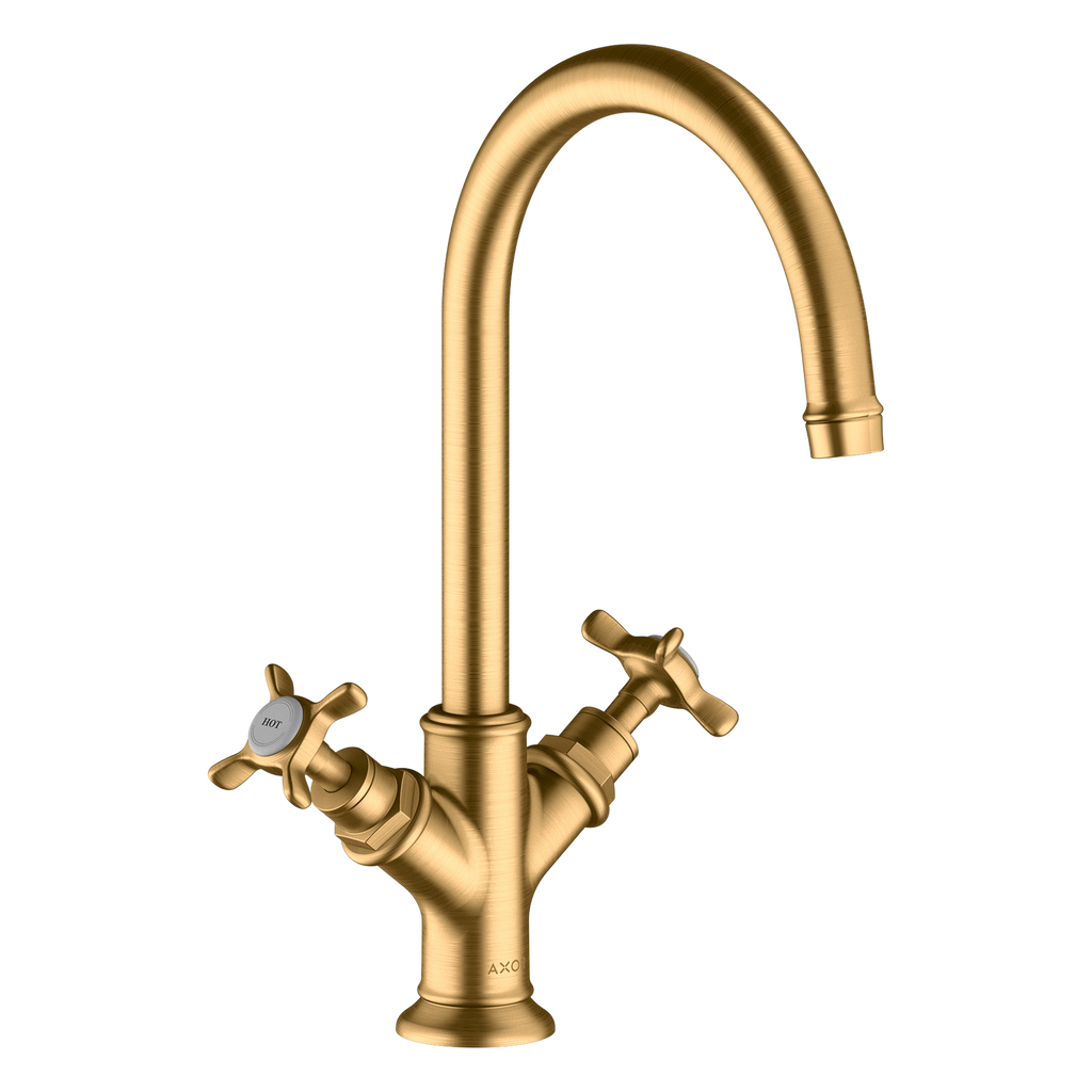 AXOR Montreux 2-Handle Basin Mixer Faucet 210 with Cross Handles, Swivel Spout and Open Waste Set from Brandt in Brushed Brass finish
