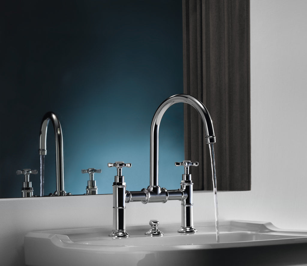 AXOR Montreux 2-Handle Basin Mixer Faucet 220 with Cross Handles, Swivel Spout and Pop-Up Waste Set from Brandt in Chrome finish