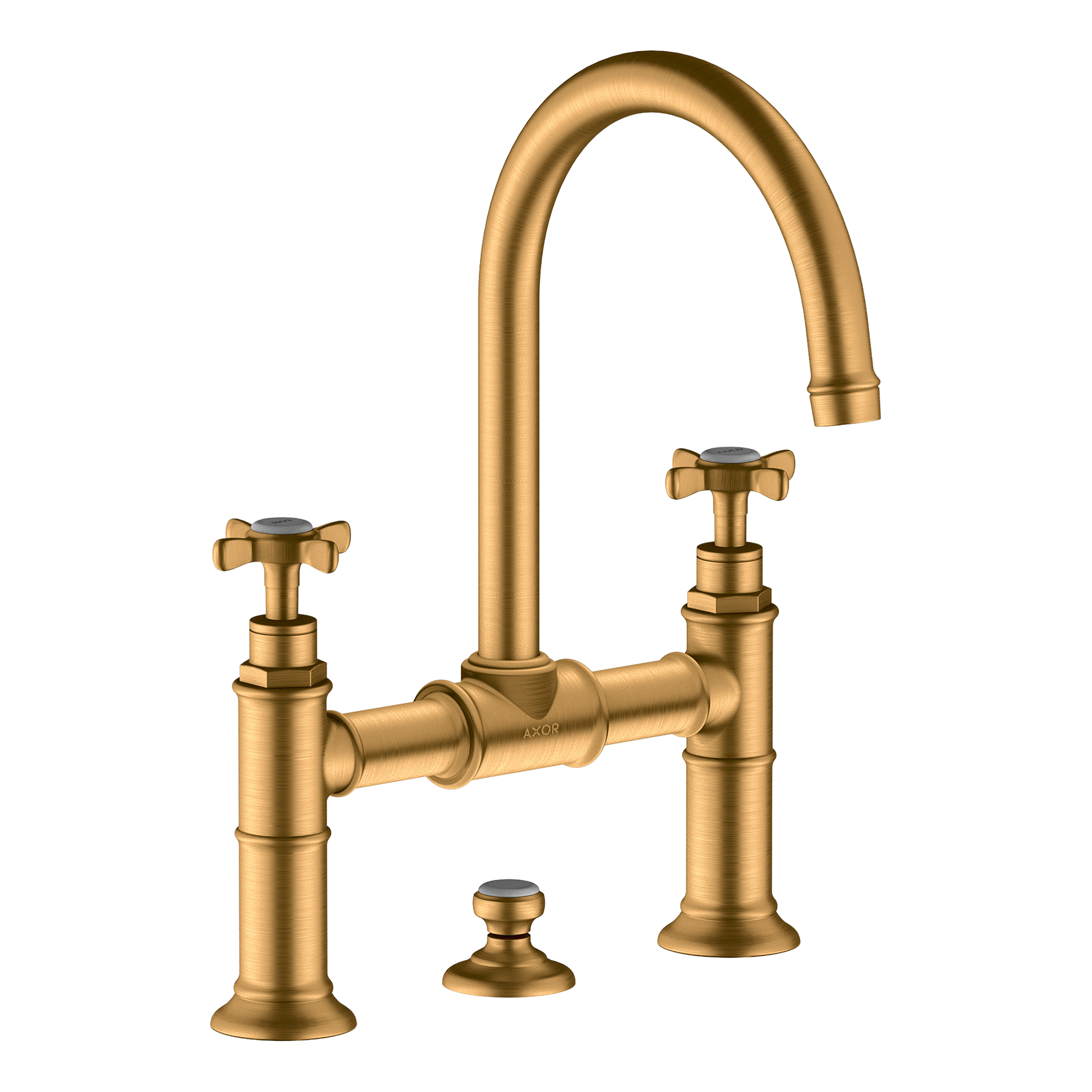 AXOR Montreux 2-Handle Basin Mixer Faucet 220 with Cross Handles, Swivel Spout and Pop-Up Waste Set from Brandt in Brushed Gold Optic finish