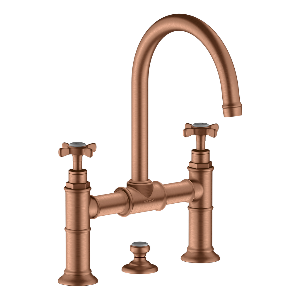 AXOR Montreux 2-Handle Basin Mixer Faucet 220 with Cross Handles, Swivel Spout and Pop-Up Waste Set from Brandt in Brushed Red Gold finish