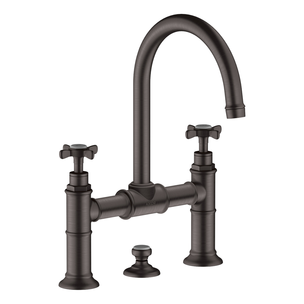 AXOR Montreux 2-Handle Basin Mixer Faucet 220 with Cross Handles, Swivel Spout and Pop-Up Waste Set from Brandt in Brushed Black Chrome finish