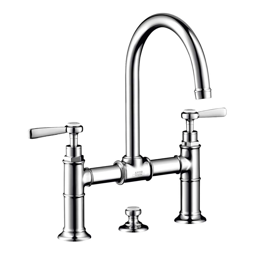 AXOR Montreux 2-Handle Basin Mixer Faucet 220 with Lever Handles, Swivel Spout and Pop-Up Waste Set from Brandt in Chrome finish