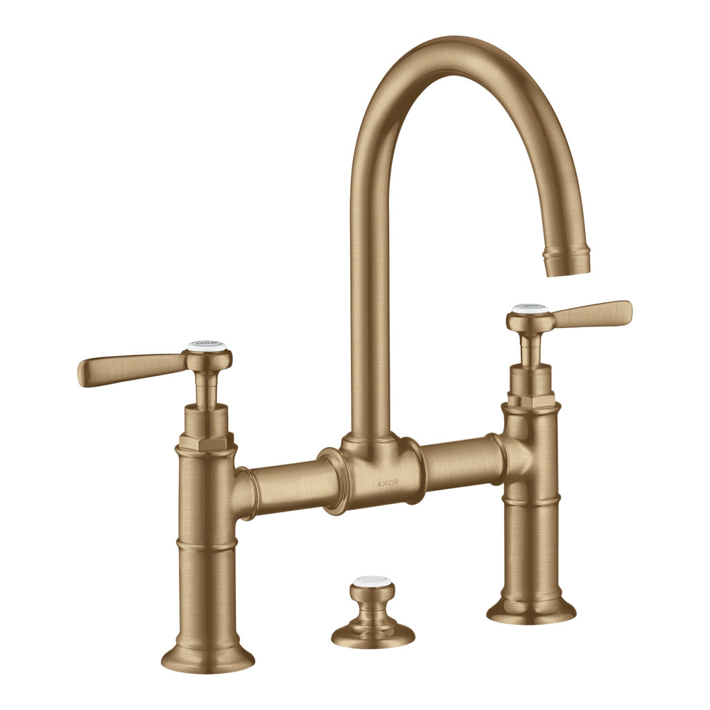AXOR Montreux 2-Handle Basin Mixer Faucet 220 with Lever Handles, Swivel Spout and Pop-Up Waste Set from Brandt in Brushed Bronze finish