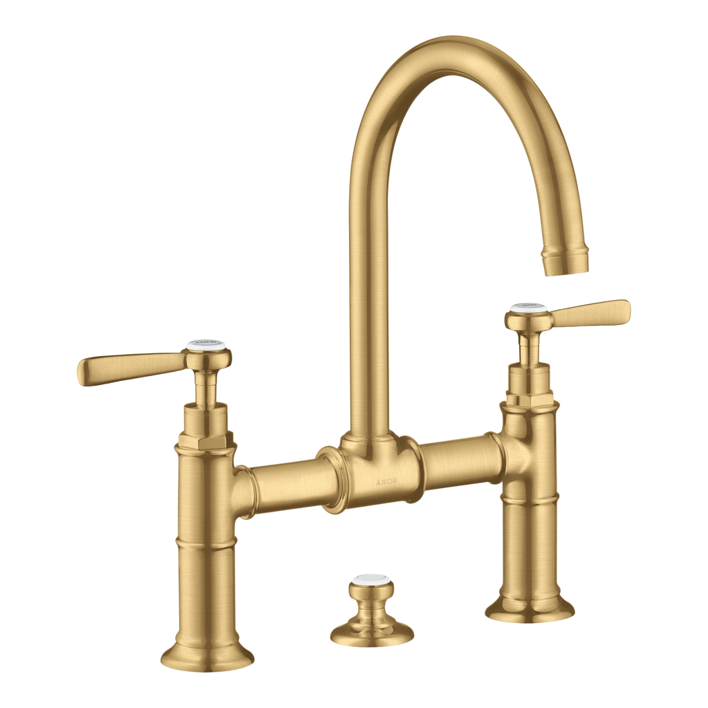 AXOR Montreux 2-Handle Basin Mixer Faucet 220 with Lever Handles, Swivel Spout and Pop-Up Waste Set from Brandt in Brushed Gold Optic finish
