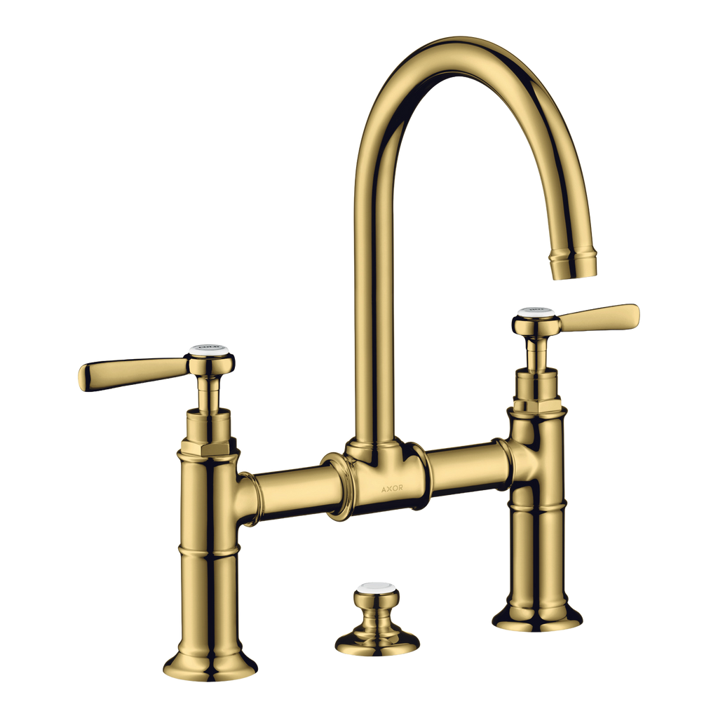 AXOR Montreux 2-Handle Basin Mixer Faucet 220 with Lever Handles, Swivel Spout and Pop-Up Waste Set from Brandt in Polished Gold Optic finish