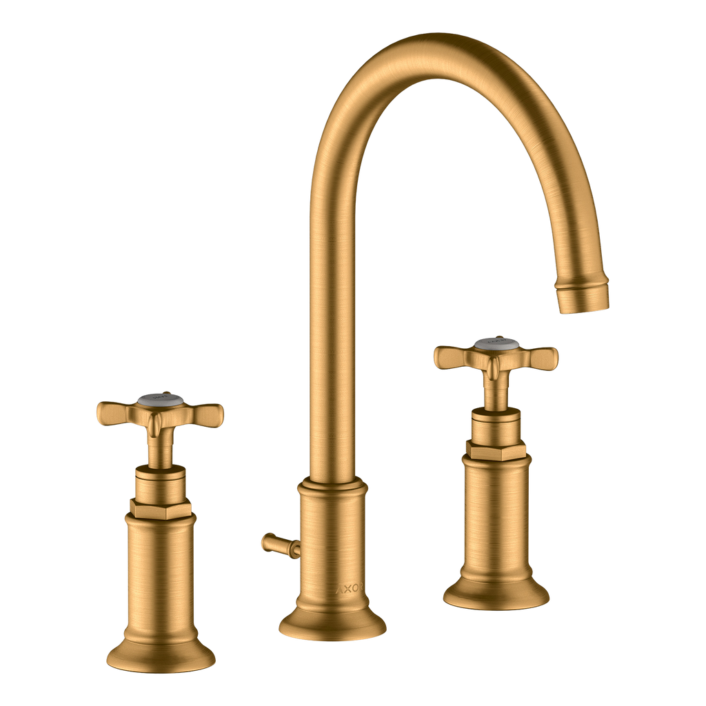 AXOR Montreux 3-Hole Basin Mixer Faucet 180 with Cross Handles, Swivel Spout and Pop-Up Waste Set from Brandt in Brushed Gold Optic finish