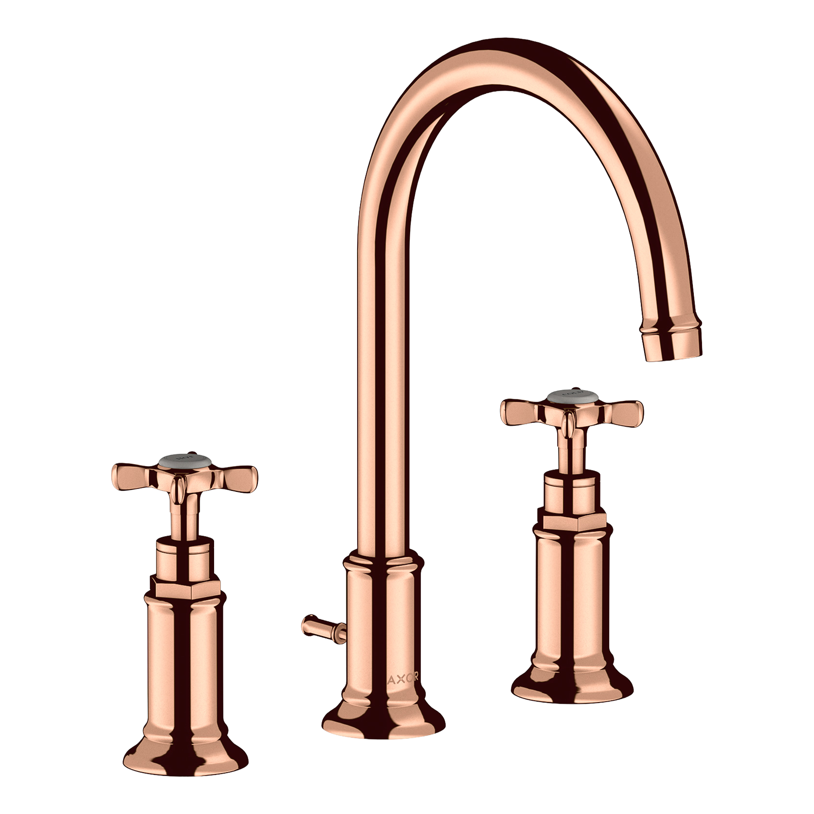 AXOR Montreux 3-Hole Basin Mixer Faucet 180 with Cross Handles, Swivel Spout and Pop-Up Waste Set from Brandt in Polished Red Gold finish
