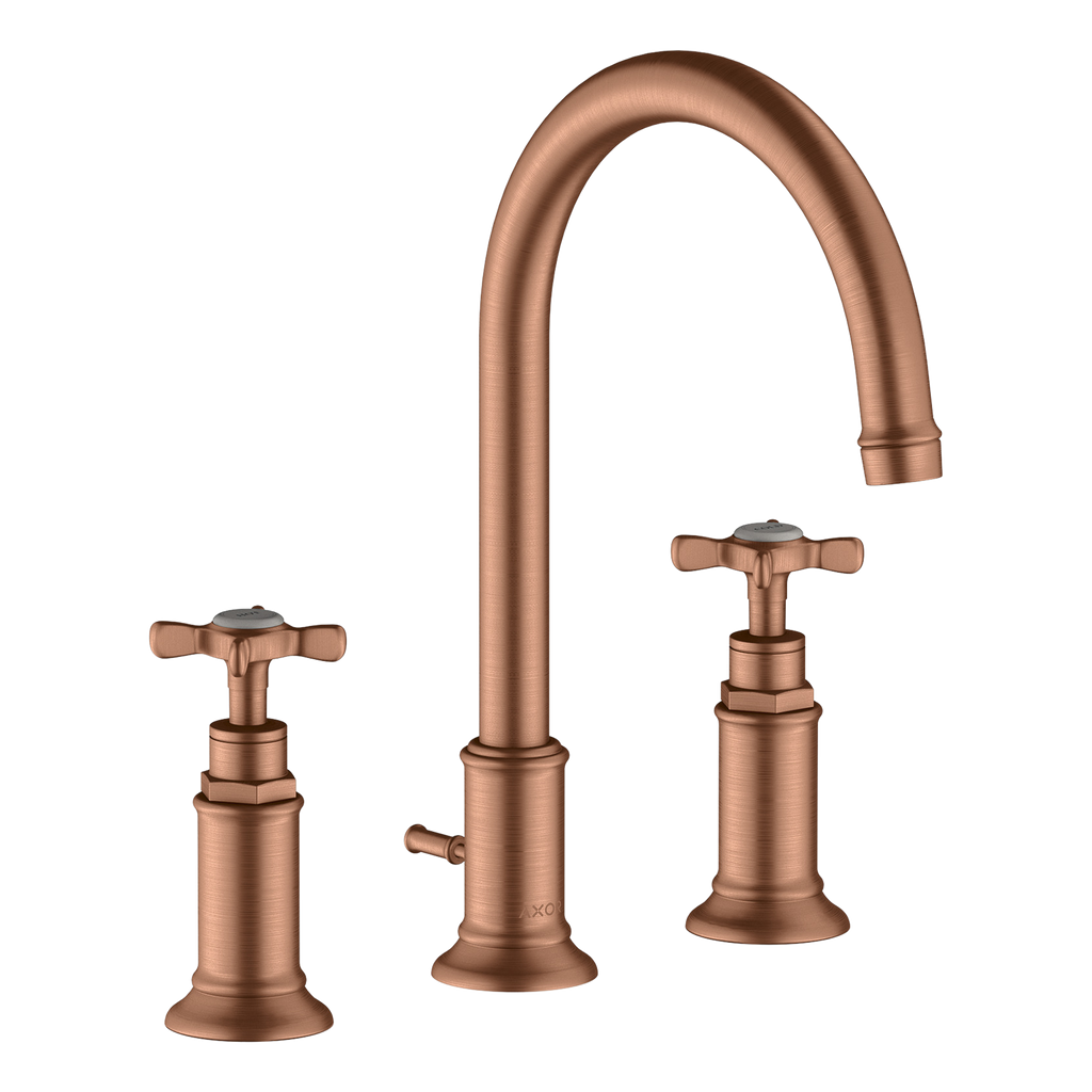 AXOR Montreux 3-Hole Basin Mixer Faucet 180 with Cross Handles, Swivel Spout and Pop-Up Waste Set from Brandt in Brushed Red Gold finish