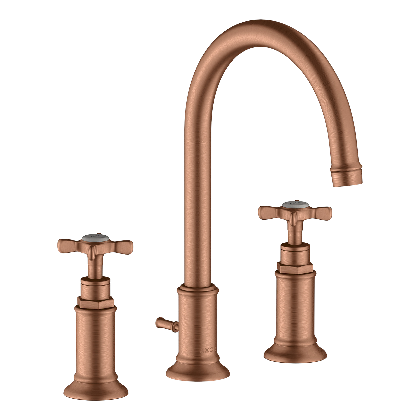 AXOR Montreux 3-Hole Basin Mixer Faucet 180 with Cross Handles, Swivel Spout and Pop-Up Waste Set from Brandt in Brushed Red Gold finish