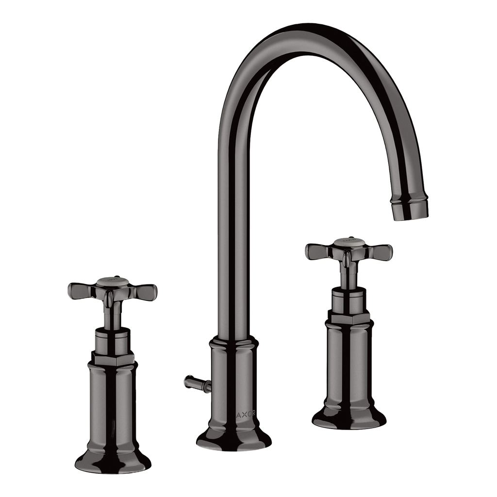 AXOR Montreux 3-Hole Basin Mixer Faucet 180 with Cross Handles, Swivel Spout and Pop-Up Waste Set from Brandt in Polished Black Chrome finish