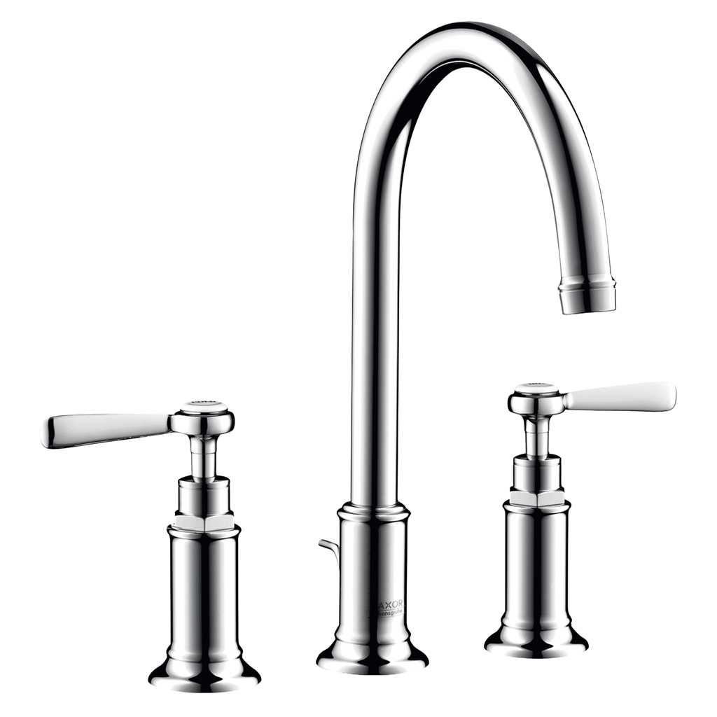 AXOR Montreux 3-Hole Basin Mixer Faucet 180 with Lever Handles, Swivel Spout and Pop-Up Waste Set from Brandt in Chrome finish