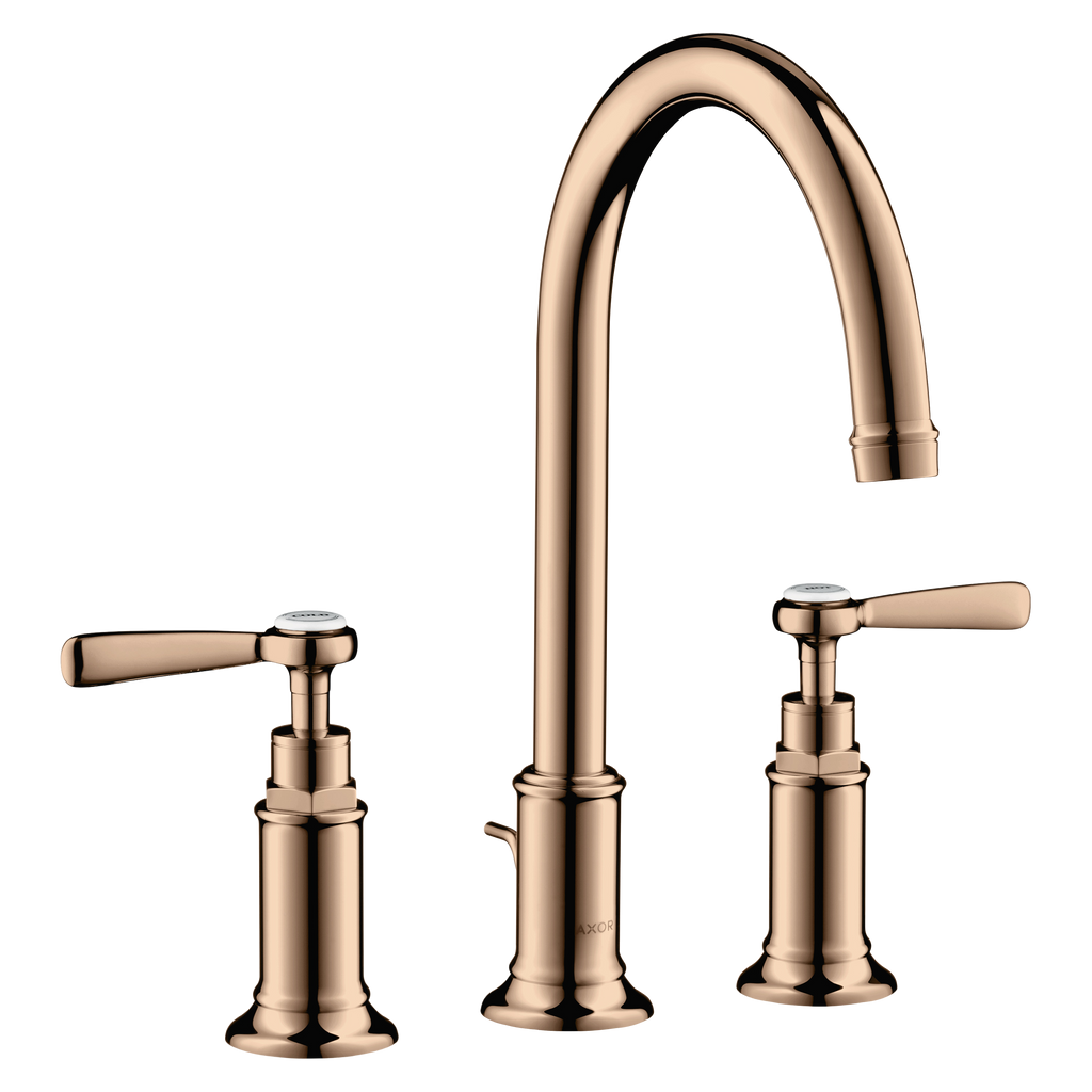 AXOR Montreux 3-Hole Basin Mixer Faucet 180 with Lever Handles, Swivel Spout and Pop-Up Waste Set from Brandt in Polished Red Gold finish