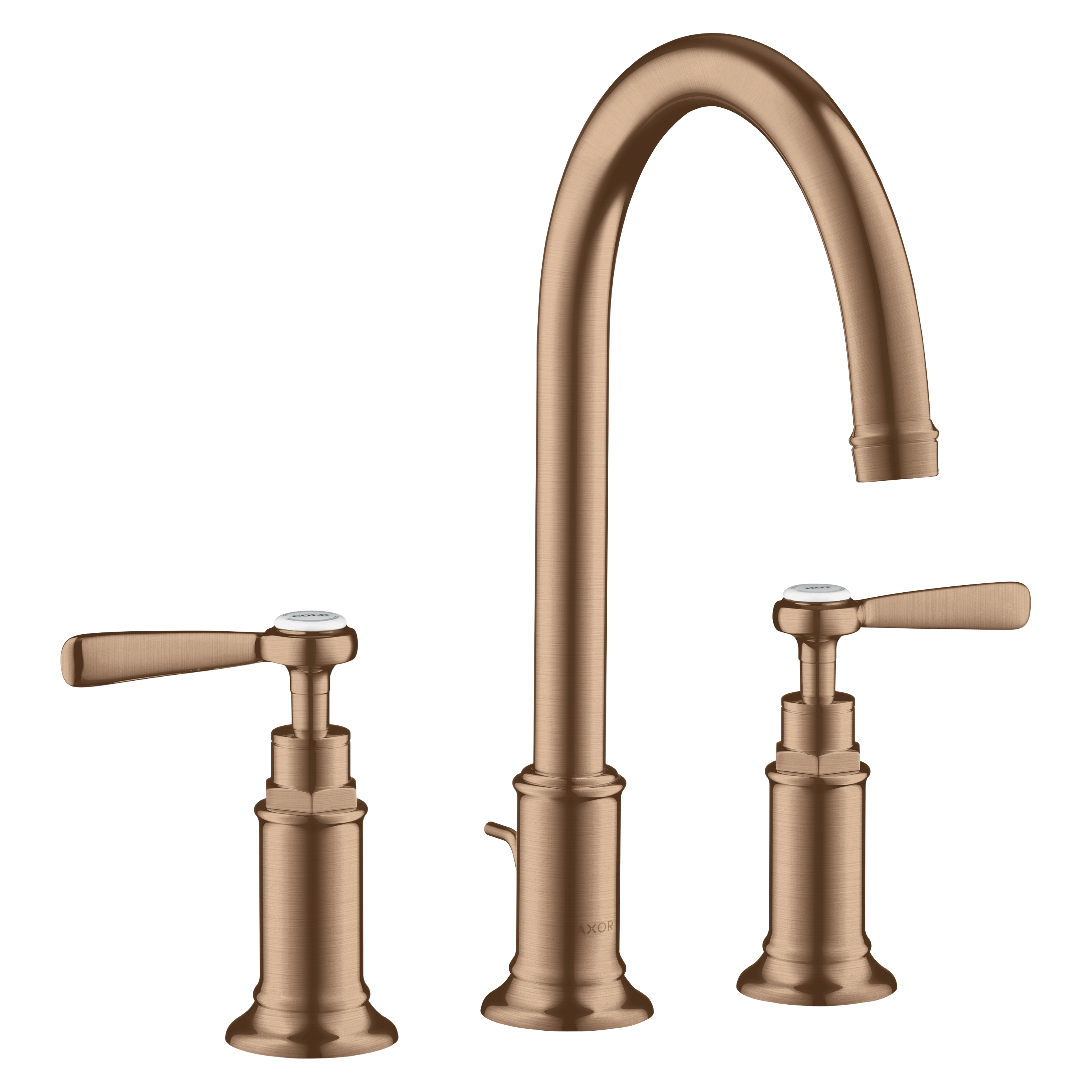 AXOR Montreux 3-Hole Basin Mixer Faucet 180 with Lever Handles, Swivel Spout and Pop-Up Waste Set from Brandt in Brushed Red Gold finish