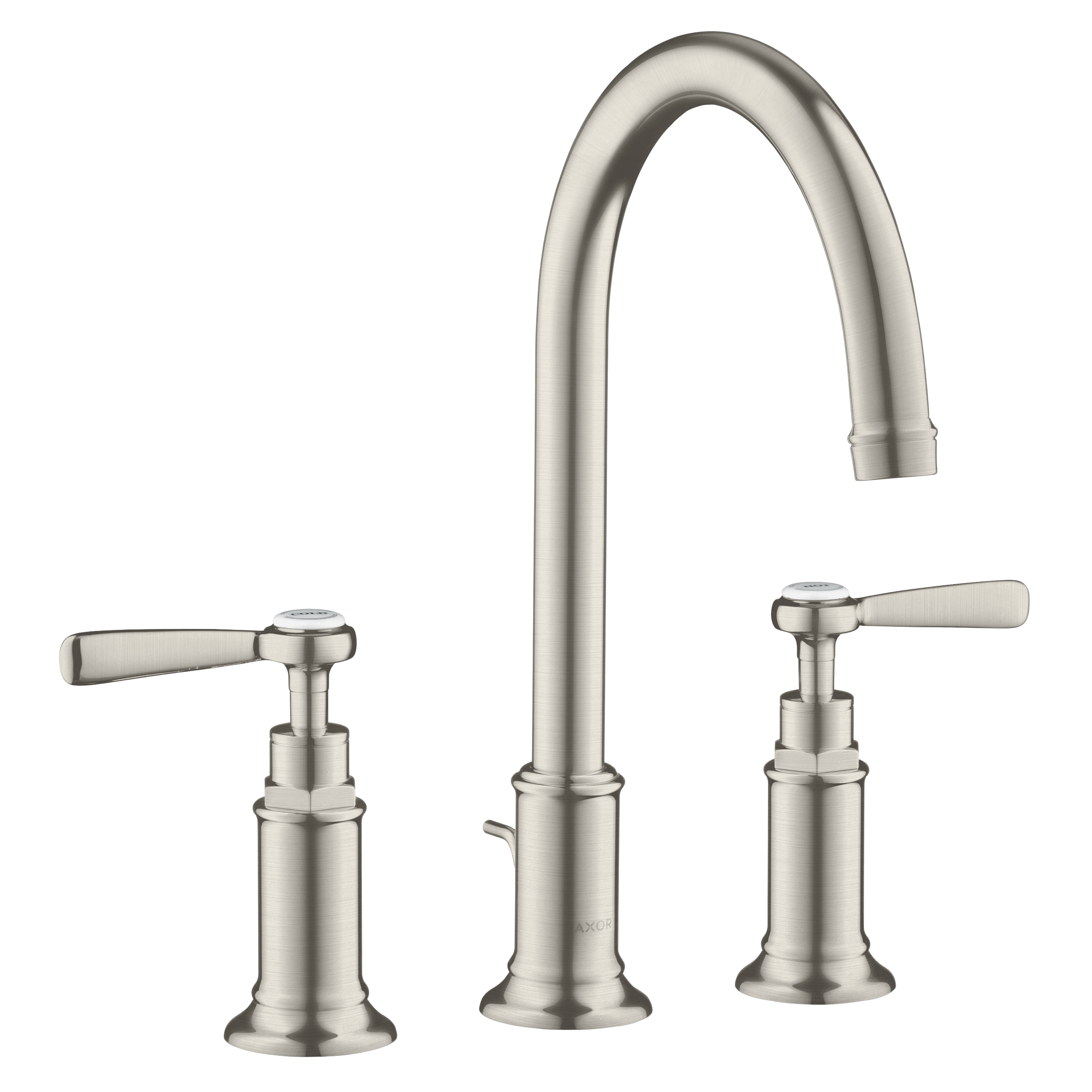 AXOR Montreux 3-Hole Basin Mixer Faucet 180 with Lever Handles, Swivel Spout and Pop-Up Waste Set from Brandt in Stainless Steel Optic finish