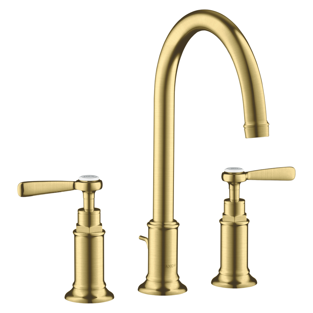 AXOR Montreux 3-Hole Basin Mixer Faucet 180 with Lever Handles, Swivel Spout and Pop-Up Waste Set from Brandt in Brushed Brass finish