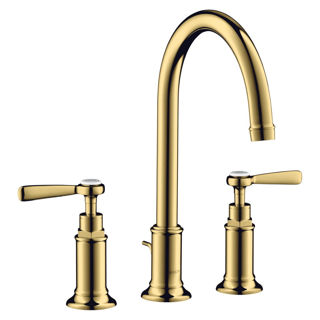 AXOR Montreux 3-Hole Basin Mixer Faucet 180 with Lever Handles, Swivel Spout and Pop-Up Waste Set from Brandt in Polished Gold Optic finish