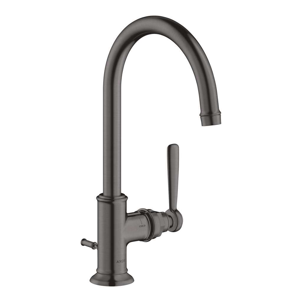 AXOR Montreux Single Lever Handle Basin Mixer Faucet 210 with Swivel Spout and Pop-Up Waste Set from Brandt in Brushed Black Chrome finish