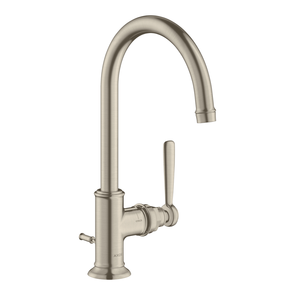 AXOR Montreux Single Lever Handle Basin Mixer Faucet 210 with Swivel Spout and Pop-Up Waste Set from Brandt in Brushed Nickel finish