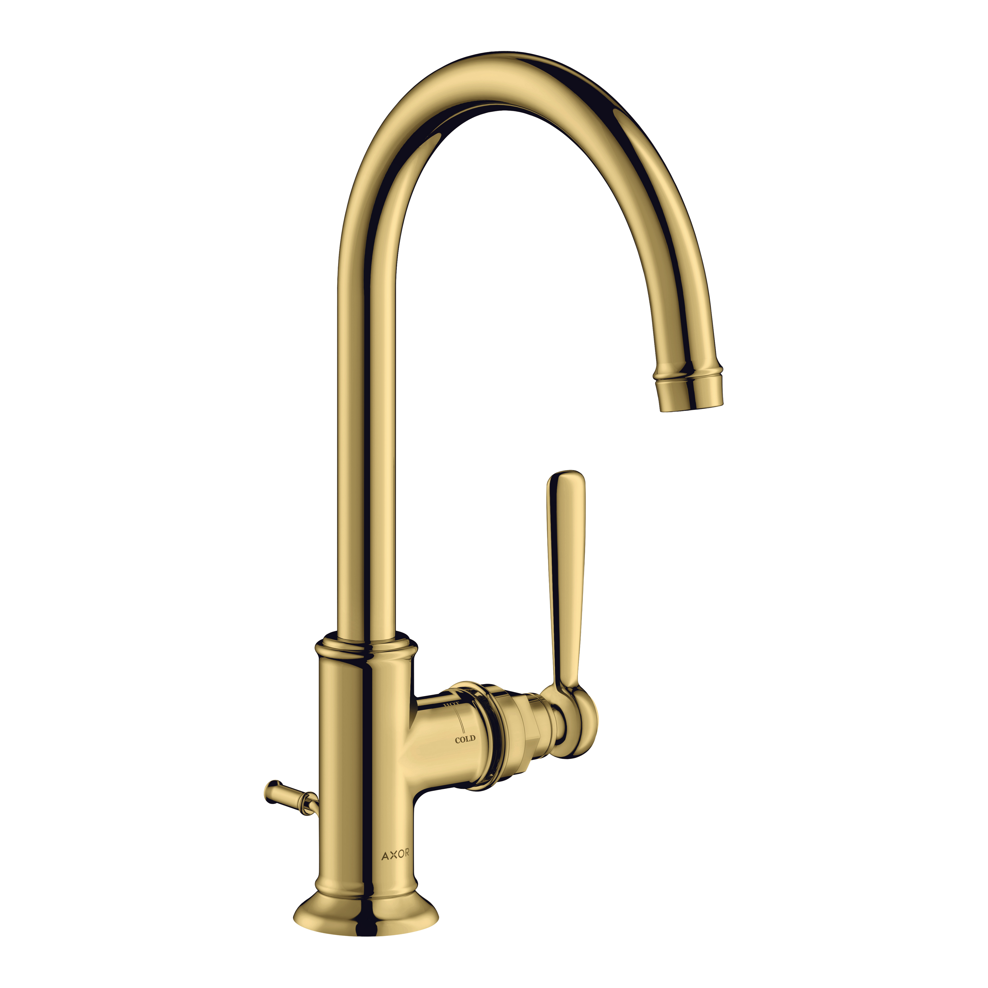 AXOR Montreux Single Lever Handle Basin Mixer Faucet 210 with Swivel Spout and Pop-Up Waste Set from Brandt in Polished Gold Optic finish