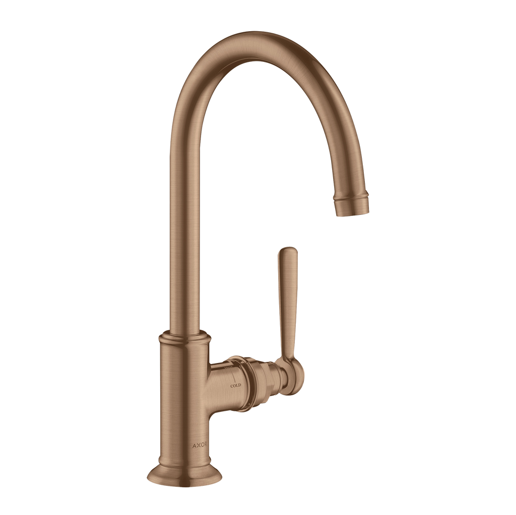 AXOR Montreux Single Lever Handle Basin Mixer Faucet 210 with Swivel Spout and Open Waste Set from Brandt in Brushed Red Gold finish
