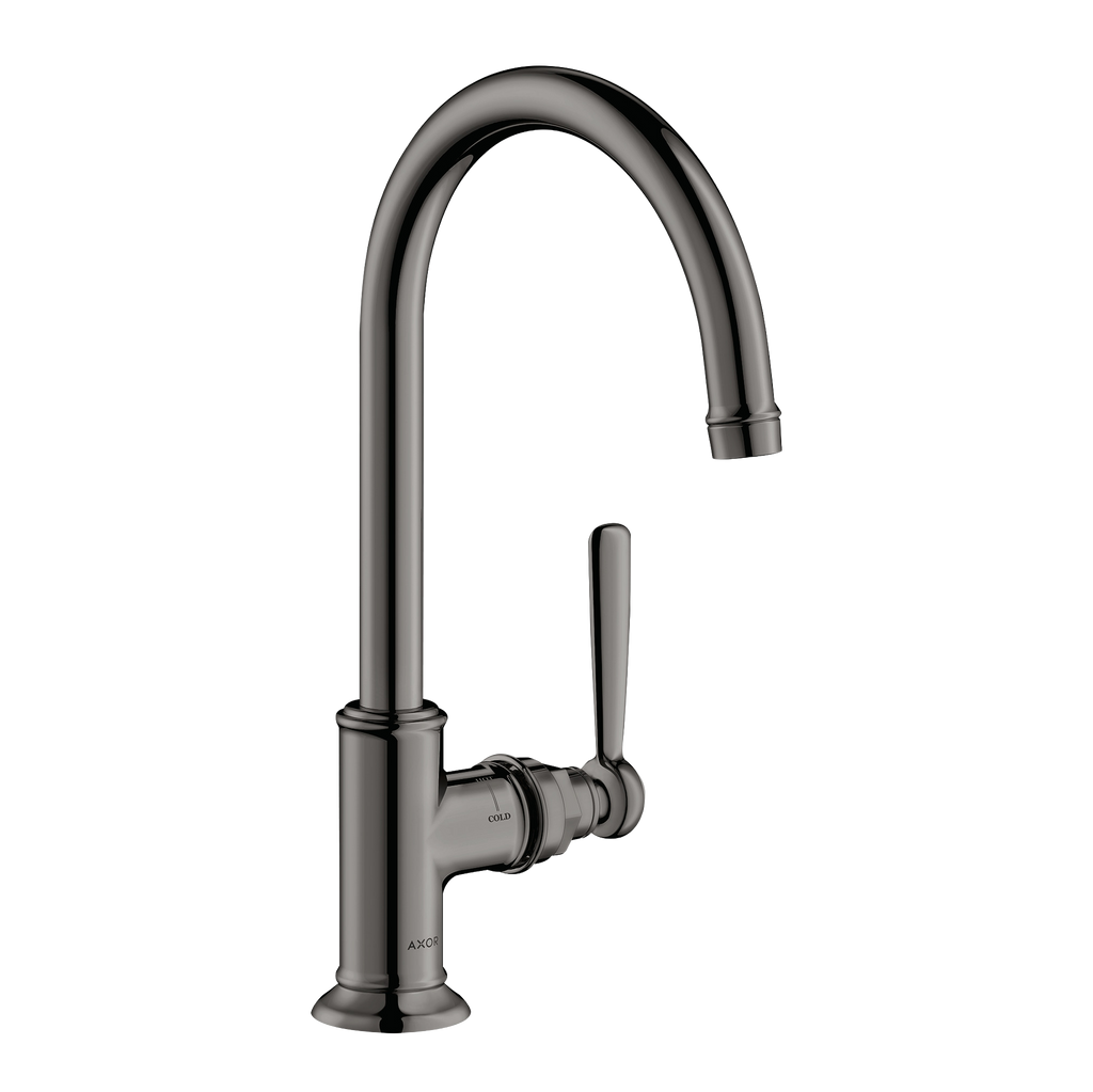 AXOR Montreux Single Lever Handle Basin Mixer Faucet 210 with Swivel Spout and Open Waste Set from Brandt in Polished Black Chrome finish