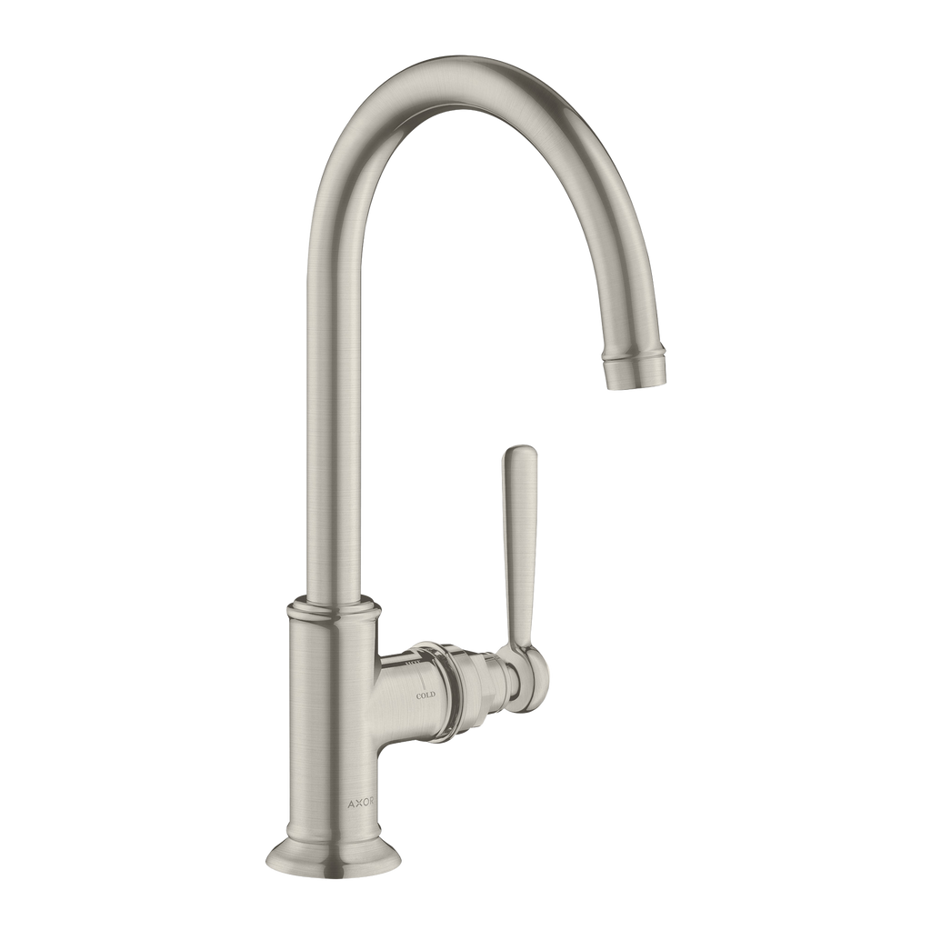AXOR Montreux Single Lever Handle Basin Mixer Faucet 210 with Swivel Spout and Open Waste Set from Brandt in Stainless Steel Optic finish