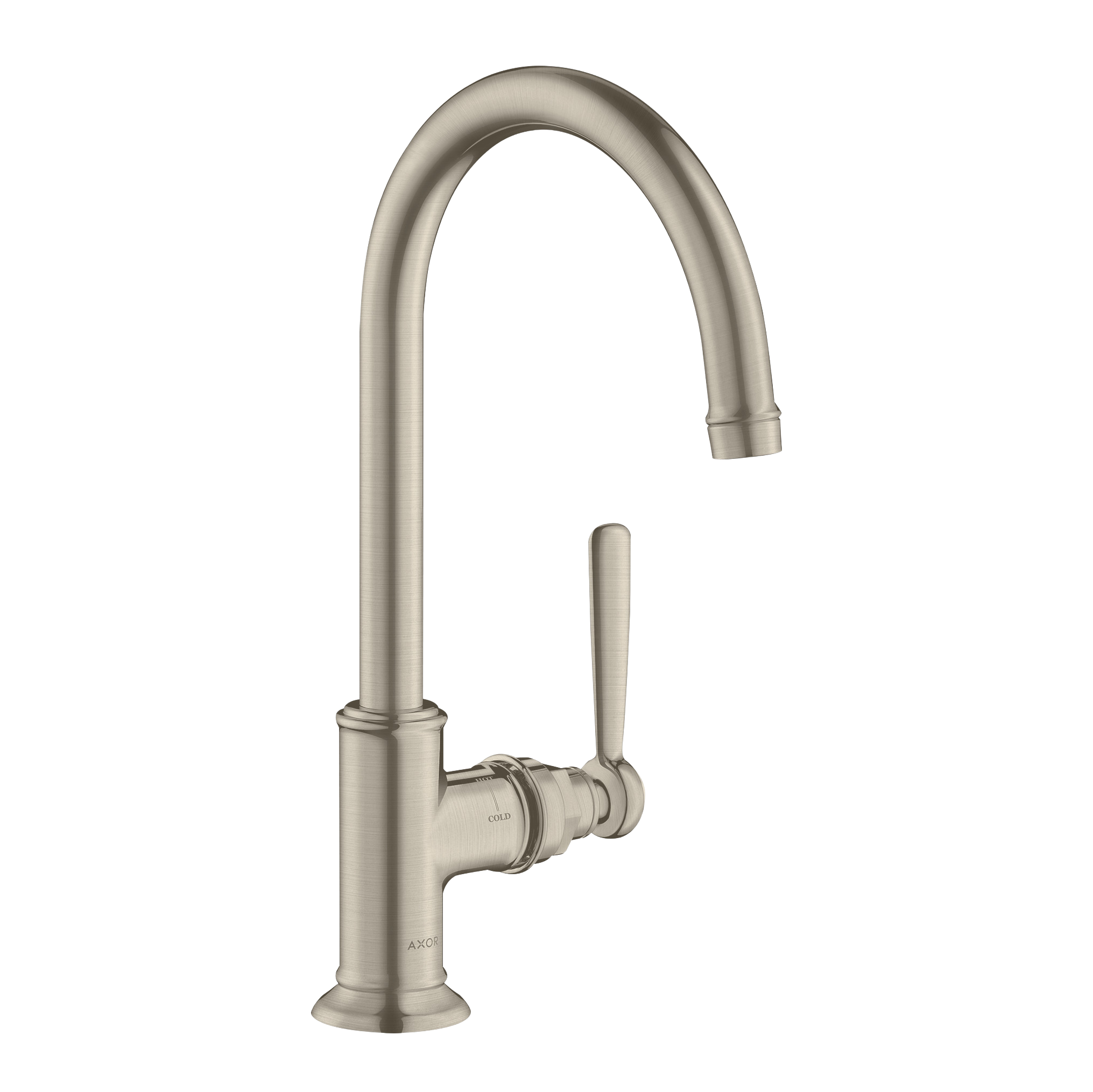 AXOR Montreux Single Lever Handle Basin Mixer Faucet 210 with Swivel Spout and Open Waste Set from Brandt in Brushed Nickel finish