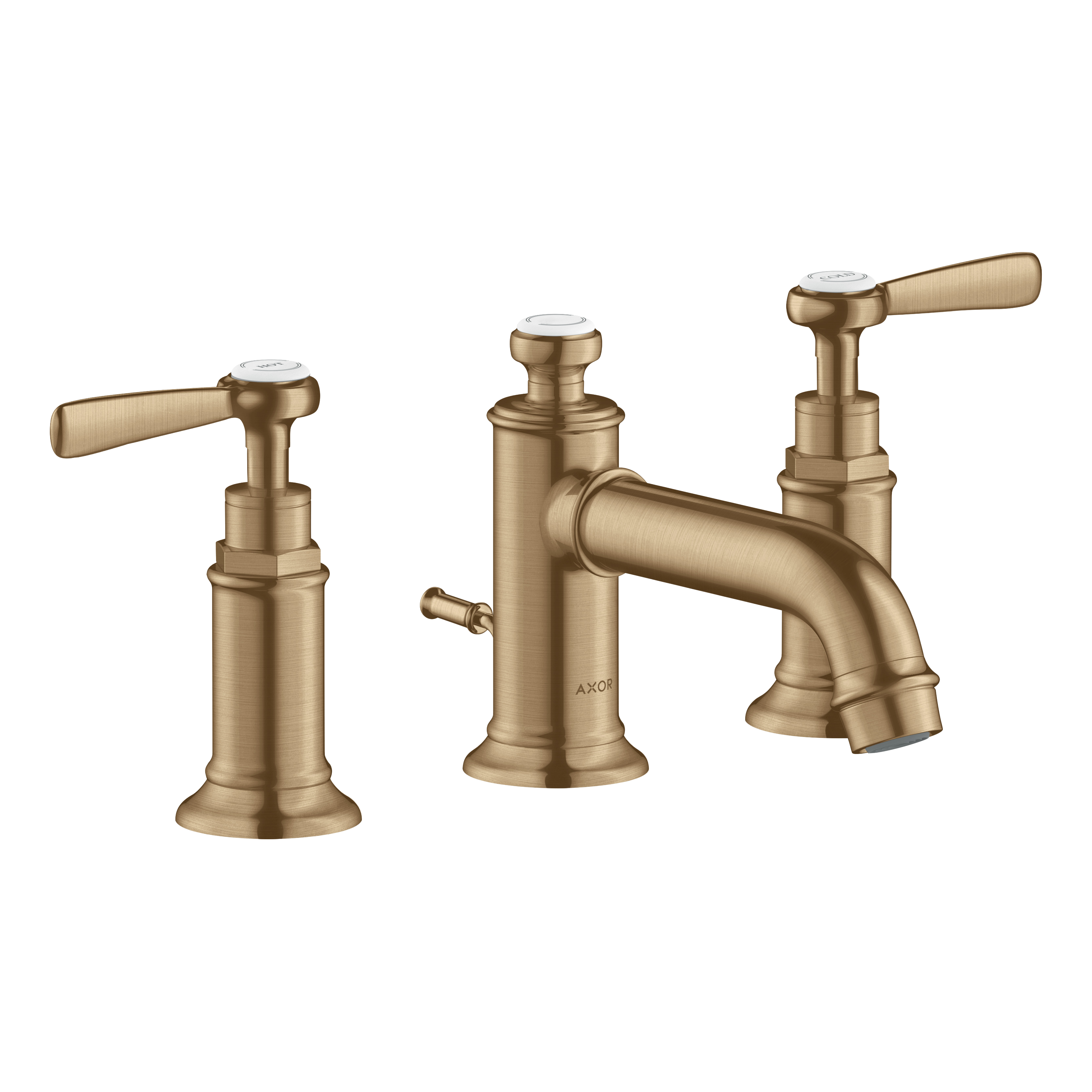 AXOR Montreux 3-Hole Basin Mixer Faucet 30 with Lever Handles and Pop-Up Waste Set from Brandt in Brushed Bronze finish