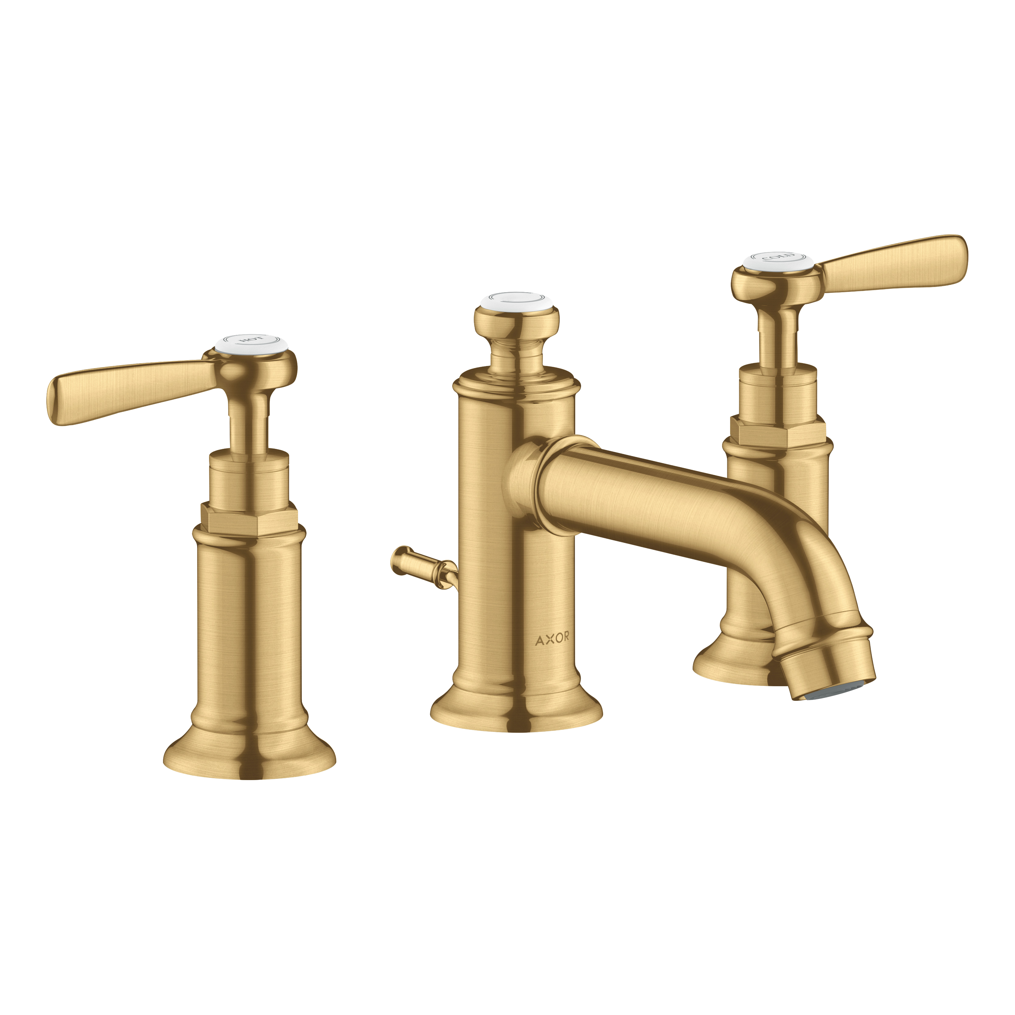AXOR Montreux 3-Hole Basin Mixer Faucet 30 with Lever Handles and Pop-Up Waste Set from Brandt in Brushed Gold Optic finish
