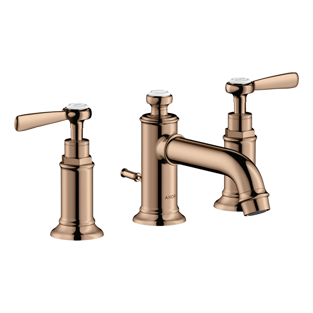 AXOR Montreux 3-Hole Basin Mixer Faucet 30 with Lever Handles and Pop-Up Waste Set from Brandt in Polished Red Gold finish