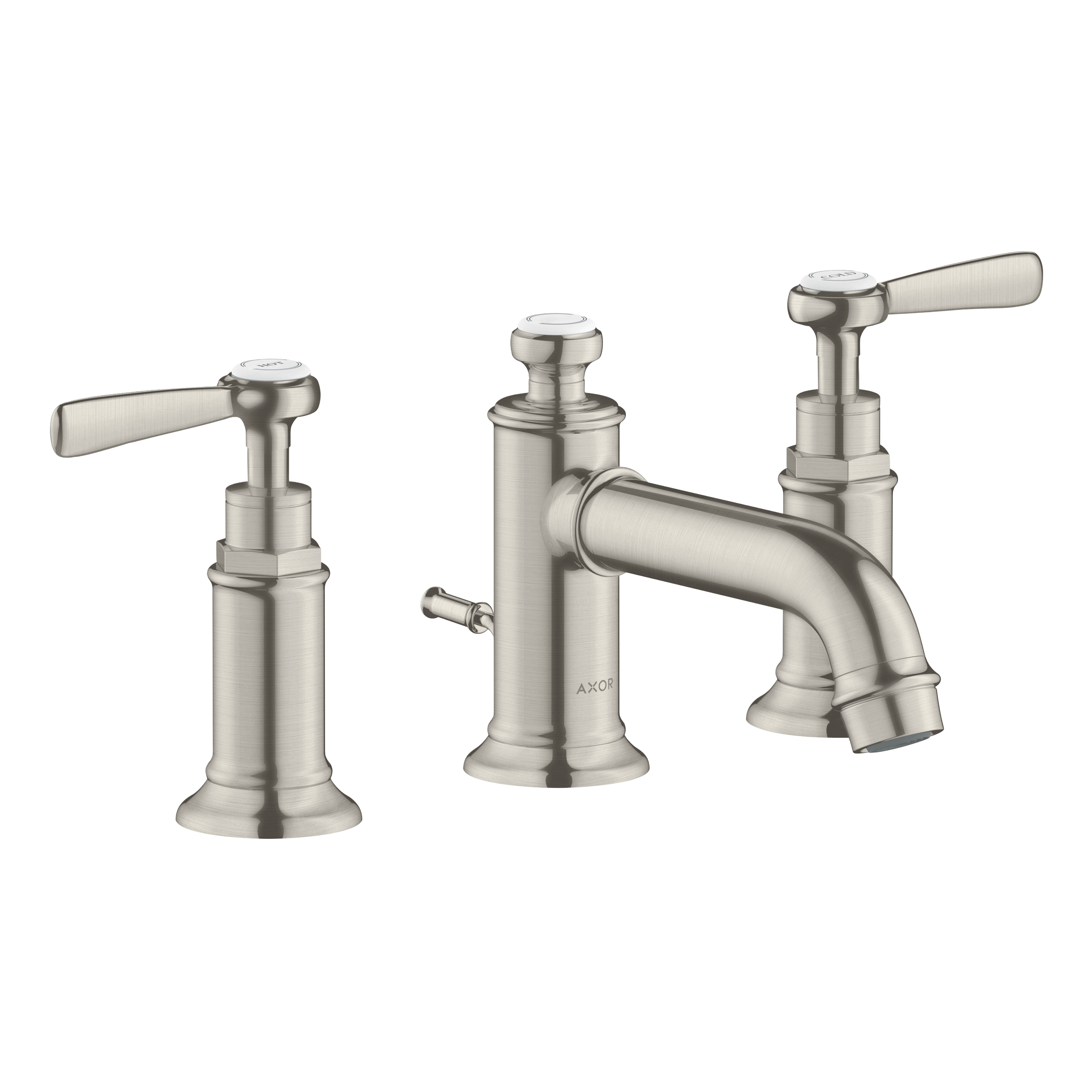 AXOR Montreux 3-Hole Basin Mixer Faucet 30 with Lever Handles and Pop-Up Waste Set from Brandt in Stainless Steel Optic finish