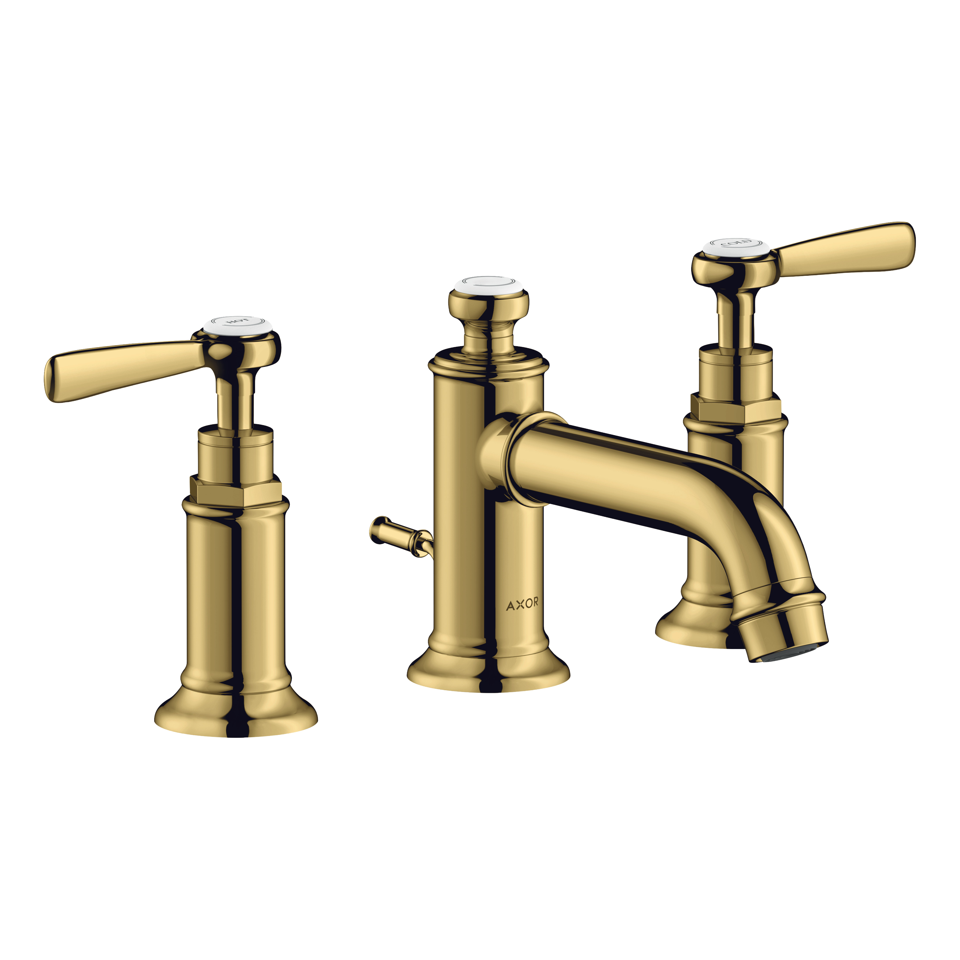AXOR Montreux 3-Hole Basin Mixer Faucet 30 with Lever Handles and Pop-Up Waste Set from Brandt in Polished Gold Optic finish