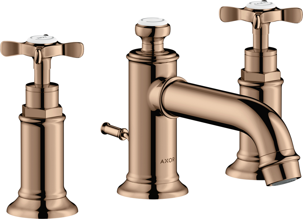 AXOR Montreux 3-Hole Basin Mixer Faucet 30 with Cross Handles and Pop-Up Waste Set from Brandt in Polished Red Gold finish