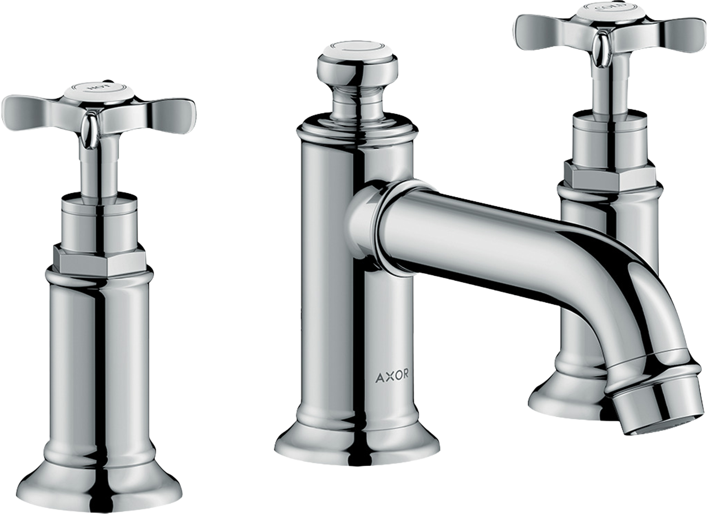 AXOR Montreux 3-Hole Basin Mixer Faucet 30 with Cross Handles and Pop-Up Waste Set from Brandt in Stainless Steel Optic finish