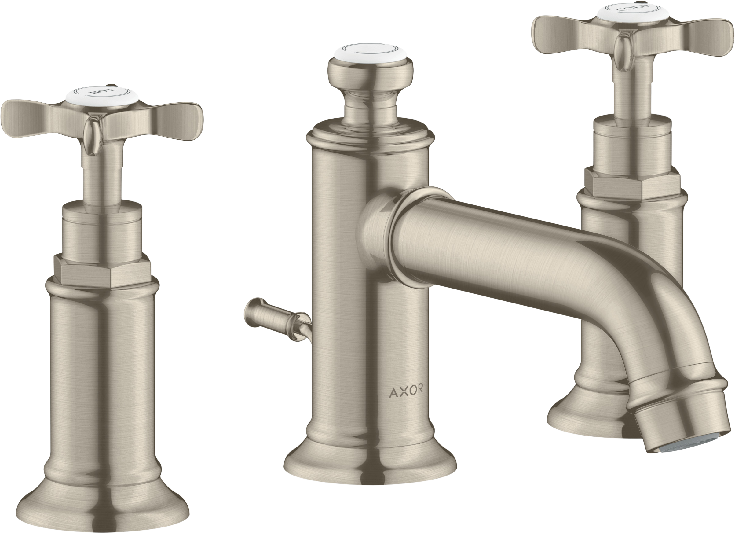 AXOR Montreux 3-Hole Basin Mixer Faucet 30 with Cross Handles and Pop-Up Waste Set from Brandt in Brushed Nickel finish