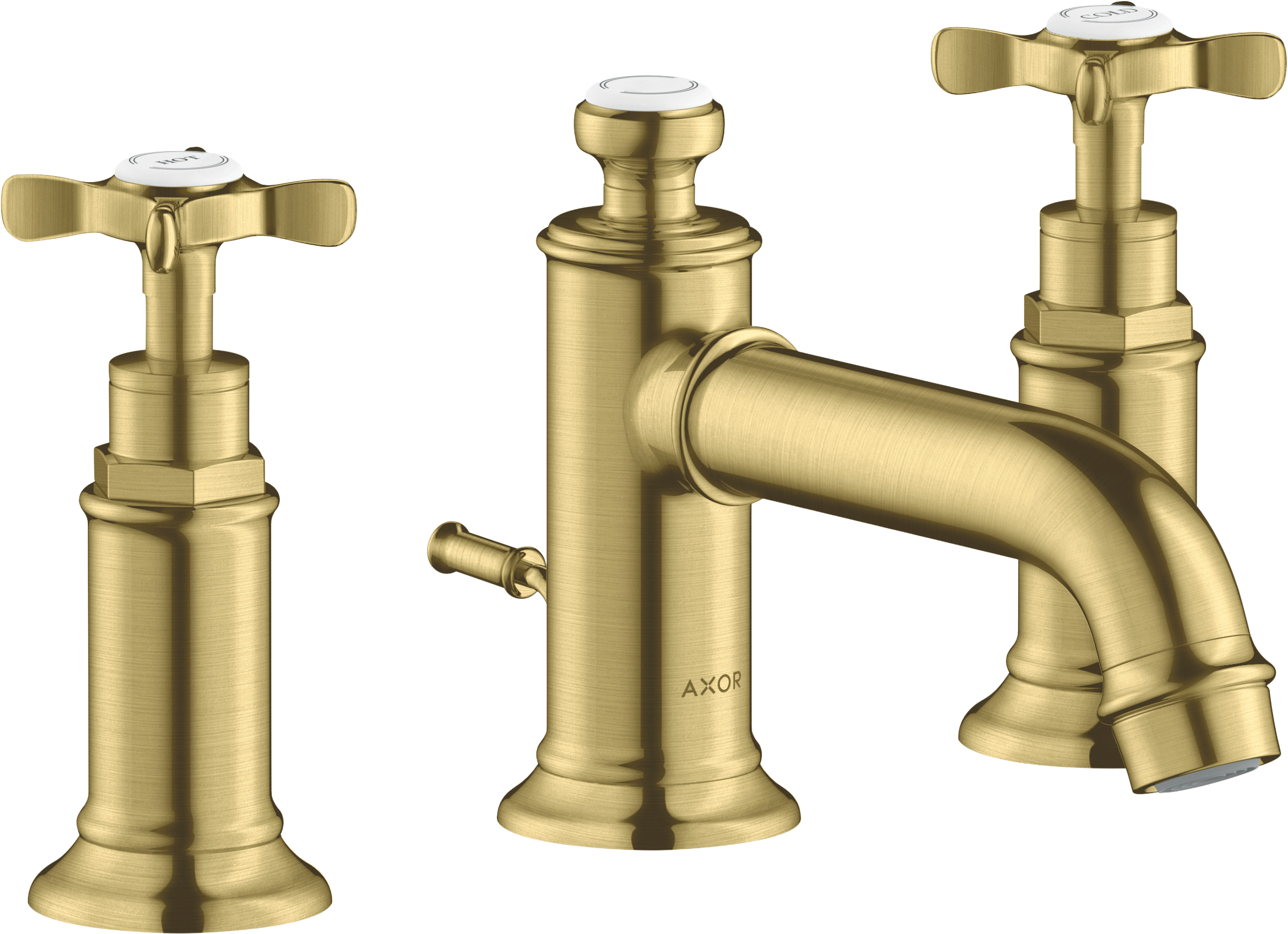 AXOR Montreux 3-Hole Basin Mixer Faucet 30 with Cross Handles and Pop-Up Waste Set from Brandt in Brushed Brass finish