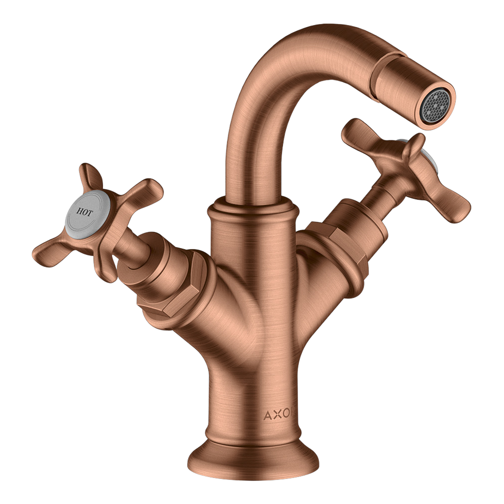 AXOR Montreux 2-Handle Bidet Mixer Faucet with Cross Handles and Pop-Up Waste Set from Brandt in Brushed Red Gold finish