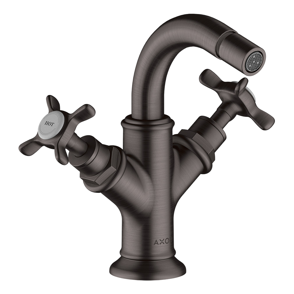 AXOR Montreux 2-Handle Bidet Mixer Faucet with Cross Handles and Pop-Up Waste Set from Brandt in Brushed Black Chrome finish