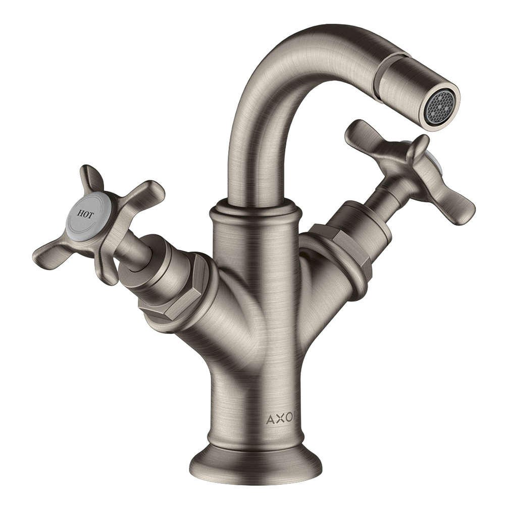 AXOR Montreux 2-Handle Bidet Mixer Faucet with Cross Handles and Pop-Up Waste Set from Brandt in Stainless Steel Optic finish