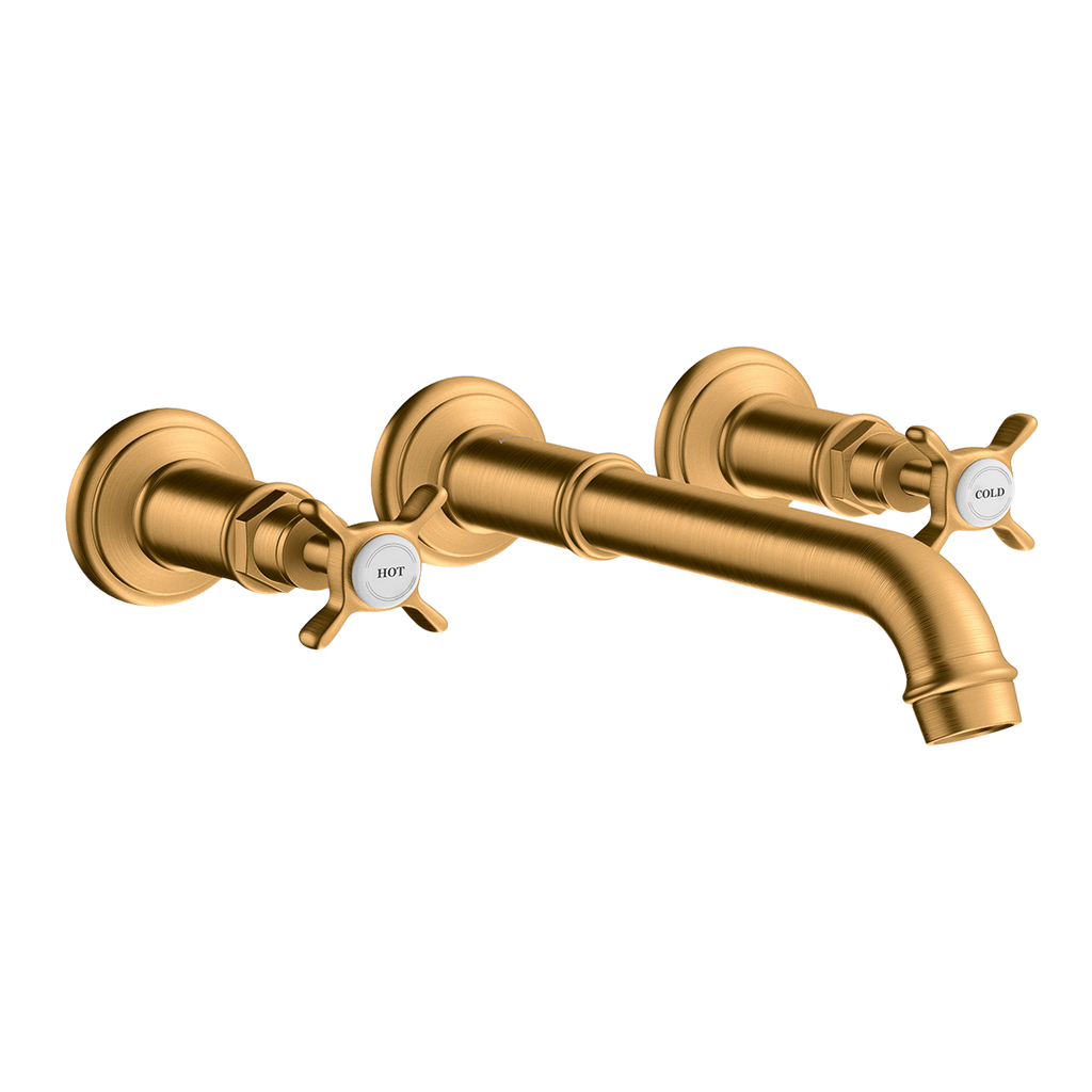 AXOR Montreux 3-Hole Concealed Basin Mixer Faucet with 165–225 mm Spout and Cross Handles from Brandt in Brushed Gold Optic finish