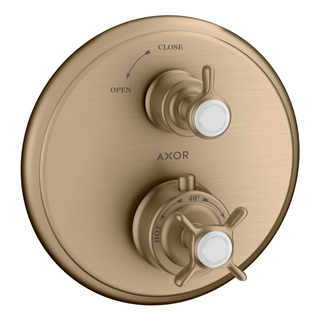 AXOR Montreux Concealed Shower Thermostat with Cross Handle and Shut-Off Valve from Brandt in Brushed Bronze finish