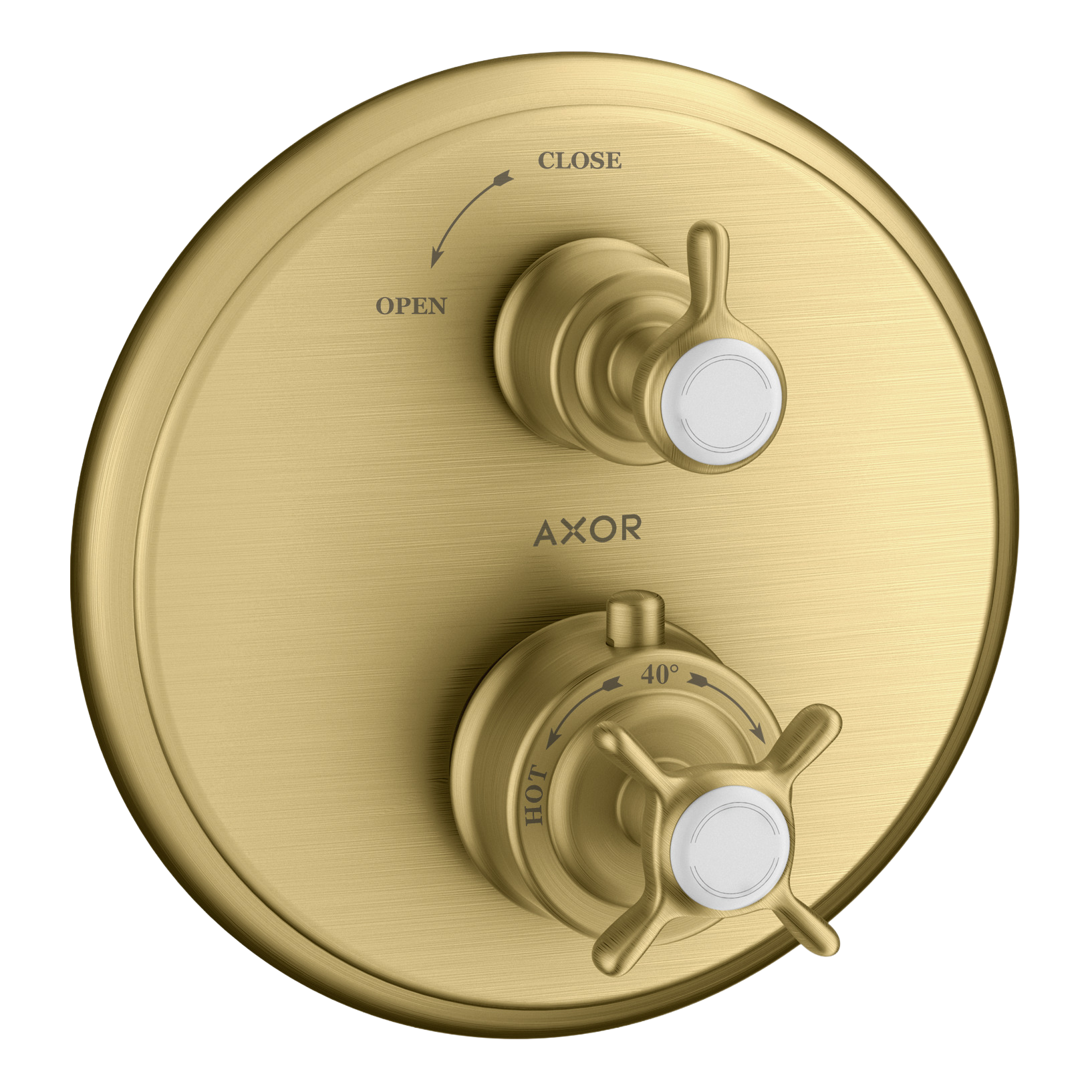 AXOR Montreux Concealed Shower Thermostat with Cross Handle and Shut-Off Valve from Brandt in Brushed Gold Optic finish